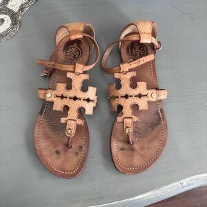 Tory Burch Tan Leather Miller Logo Sandals